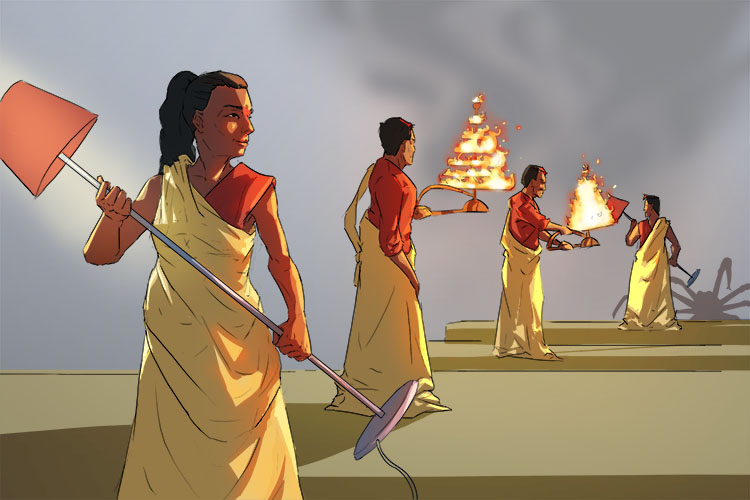 The arachnids teemed (Arati) into the temple, but they were able to ward them off with light from torches and lamps, and they carried on their ceremony.